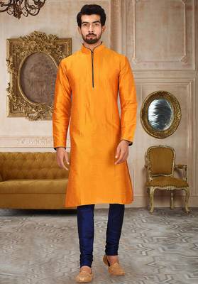 Mustard dupion art silk mens kurta churidar set 1