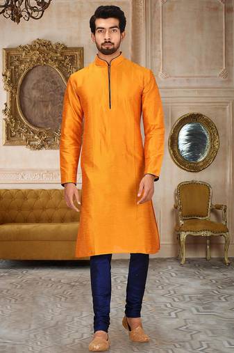 Mustard dupion art silk mens kurta churidar set