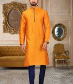 Mustard dupion art silk mens kurta churidar set