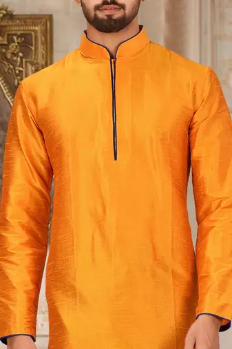 Mustard dupion art silk mens kurta churidar set