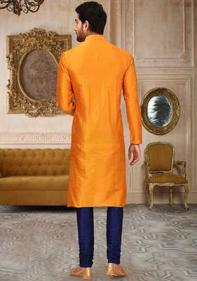 Mustard dupion art silk mens kurta churidar set 3