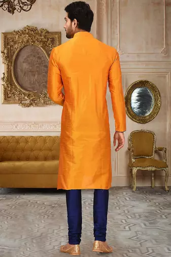 Mustard dupion art silk mens kurta churidar set