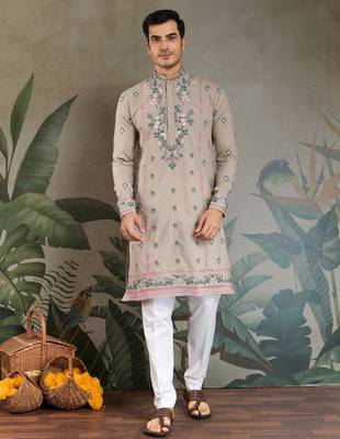 silk with sequins embroidered beige straight kurta 7