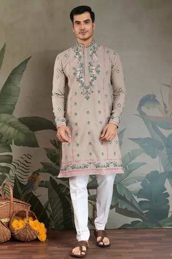 silk with sequins embroidered beige straight kurta