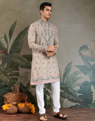 silk with sequins embroidered beige straight kurta 9