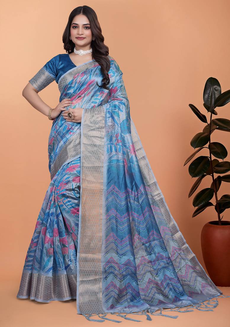 Elegant Printed Saree with Zari Border
