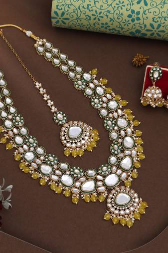 Yellow color meena work kundan necklace set with bright glossy finish