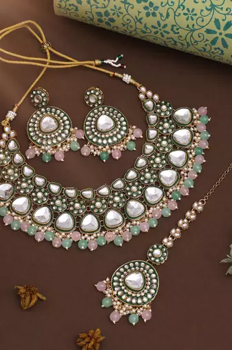 Pink & pista green color meena work kundan necklace set for bridesmaids