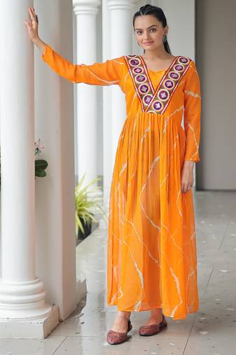 Yellow faux georgette leheriya print with kutchi patche work navratri kurti-Full Stitched Free Size