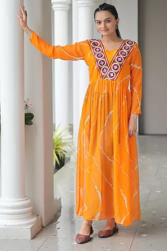Yellow faux georgette leheriya print with kutchi patche work navratri kurti-Full Stitched Free Size