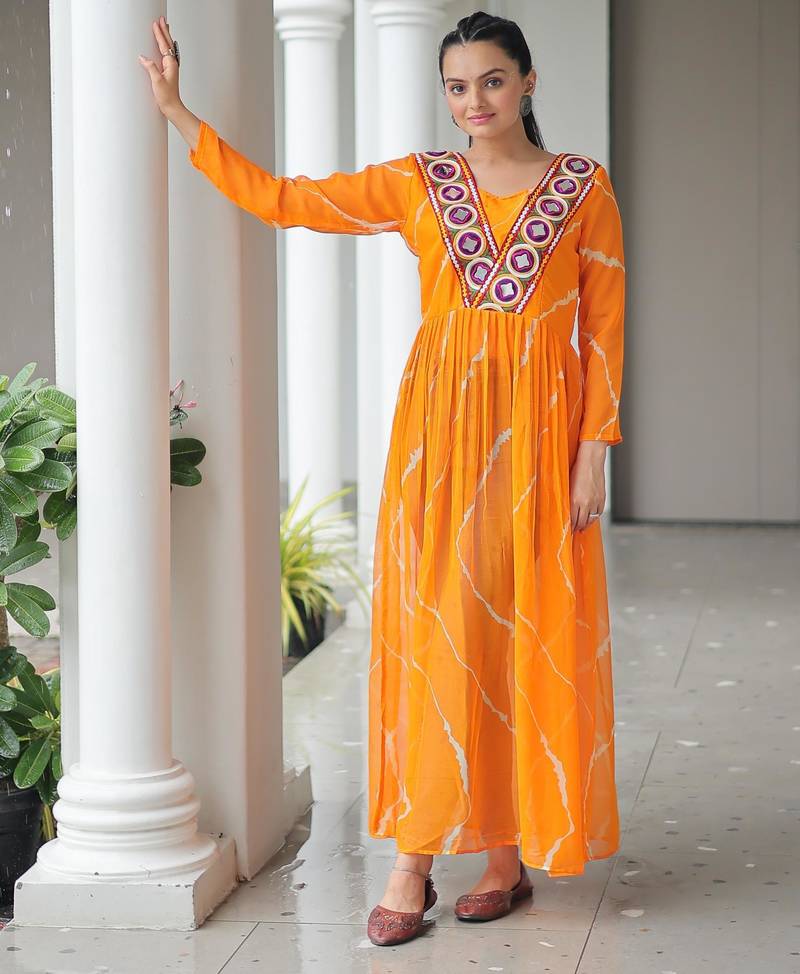 Yellow faux georgette leheriya print with kutchi patche work navratri kurti-Full Stitched Free Size