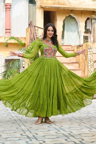 Pink faux georgette bandhani print with kutchi patche work navratri gown-Full Stitched Free Size