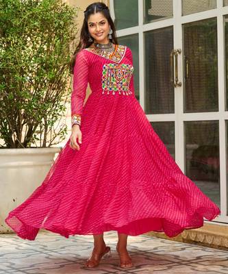Yellow faux georgette bandhani print with kutchi patche work navratri gown-Full Stitched Free Size 1