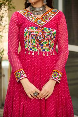 Yellow faux georgette bandhani print with kutchi patche work navratri gown-Full Stitched Free Size 3