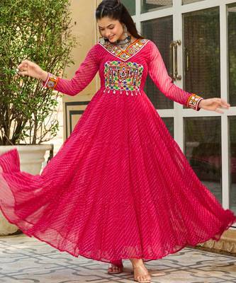 Yellow faux georgette bandhani print with kutchi patche work navratri gown-Full Stitched Free Size 4