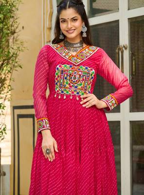 Yellow faux georgette bandhani print with kutchi patche work navratri gown-Full Stitched Free Size 5