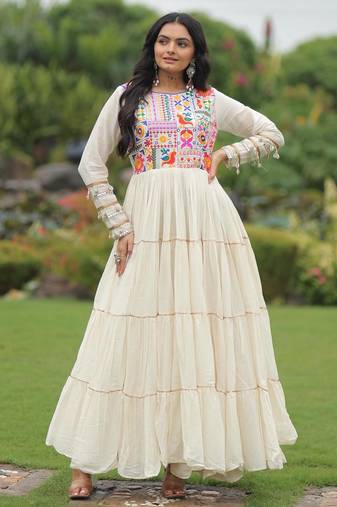 Off white kora cotton multi thread embroidered & gota patti work traditional gown Full Stitched Free Size