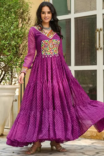 Wine faux georgette leheriya print with kutchi patche work navratri kurti-Full Stitched Free Size