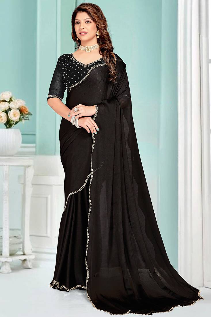 Black Zarkan Hand Work Chiffon Saree