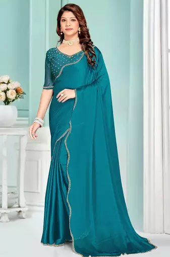 Rama Green Zarkan Hand Work Chiffon Saree