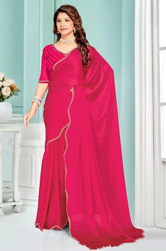 Rani pink Zarkan Hand Work Chiffon Saree