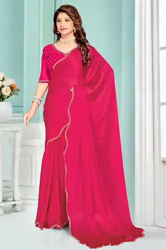 Rani pink Zarkan Hand Work Chiffon Saree