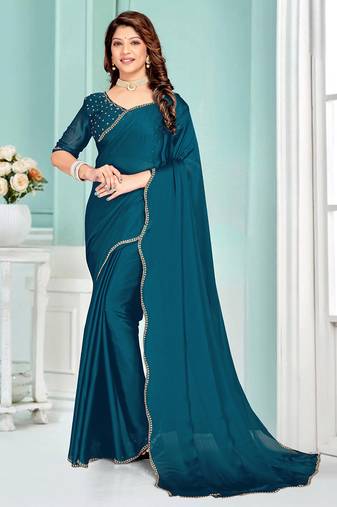 Teal Blue Zarkan Hand Work Chiffon Saree