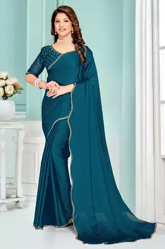 Teal Blue Zarkan Hand Work Chiffon Saree
