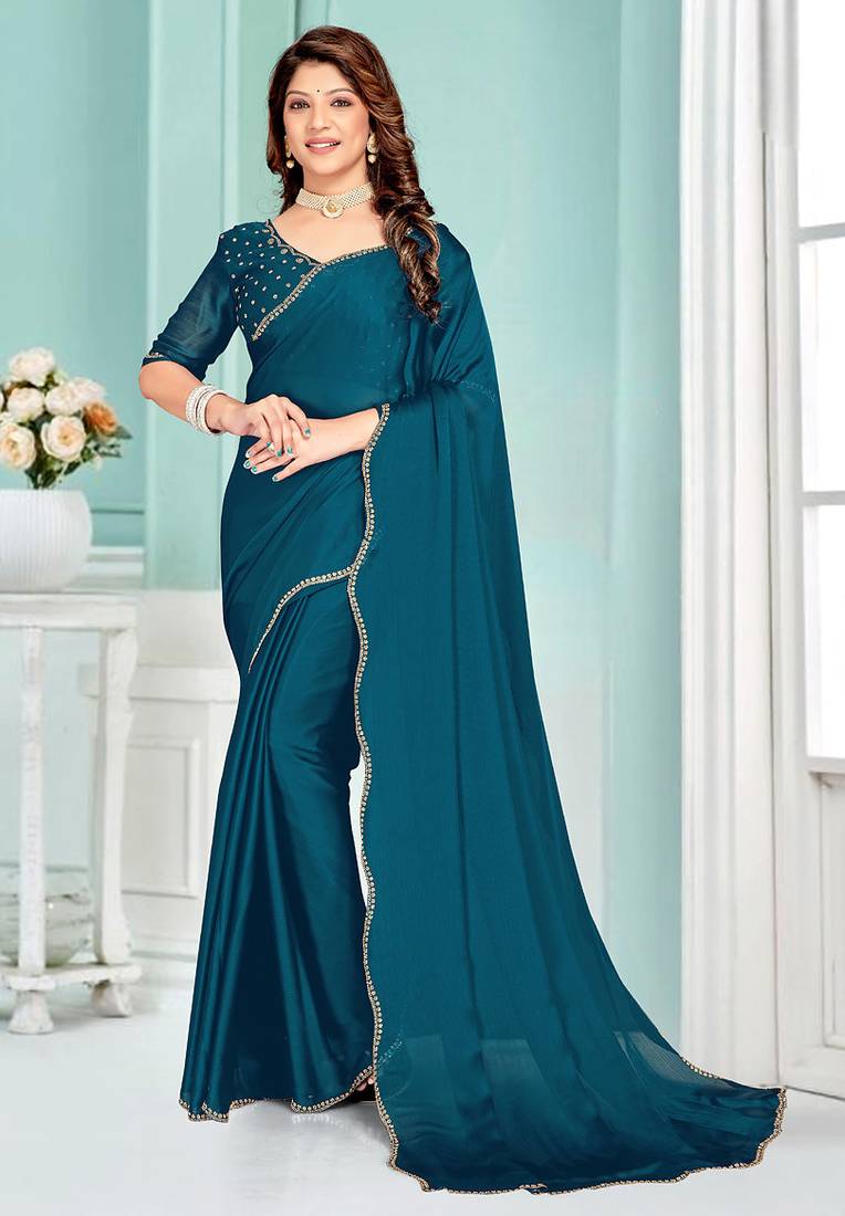 Teal Blue Zarkan Hand Work Chiffon Saree