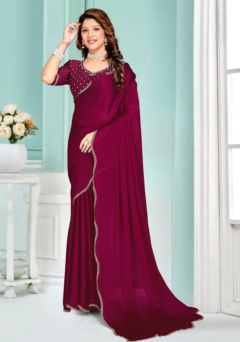 Wine Zarkan Hand Work Chiffon Saree