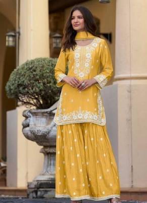 Yellow chinon silk lucknowi work full stitched gharara suits with dupatta 1