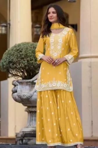 Yellow chinon silk lucknowi work full stitched gharara suits with dupatta