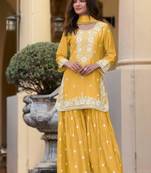 Yellow chinon silk lucknowi work full stitched gharara suits with dupatta