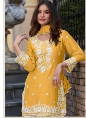 Yellow chinon silk lucknowi work full stitched gharara suits with dupatta 2