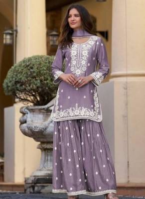 Light purple chinon silk lucknowi work full stitched gharara suits with dupatta 1