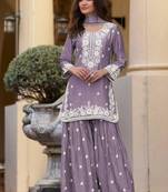 Light purple chinon silk lucknowi work full stitched gharara suits with dupatta