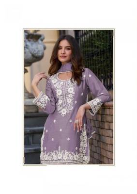 Light purple chinon silk lucknowi work full stitched gharara suits with dupatta 2