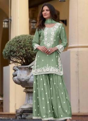 Light green chinon silk lucknowi work full stitched gharara suits with dupatta 1