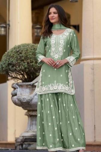 Light green chinon silk lucknowi work full stitched gharara suits with dupatta