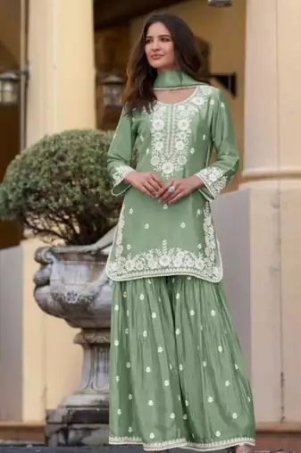 Light green chinon silk lucknowi work full stitched gharara suits with dupatta