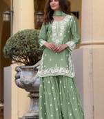 Light green chinon silk lucknowi work full stitched gharara suits with dupatta