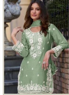 Light green chinon silk lucknowi work full stitched gharara suits with dupatta 2