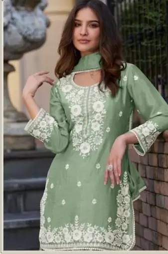 Light green chinon silk lucknowi work full stitched gharara suits with dupatta