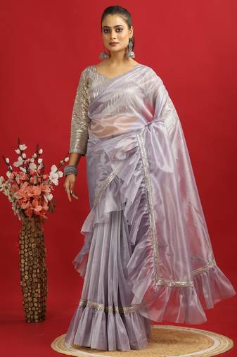 purple Embroidery Twill net saree with sequin Blouse