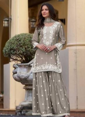 Light brown chinon silk lucknowi work full stitched gharara suits with dupatta 1