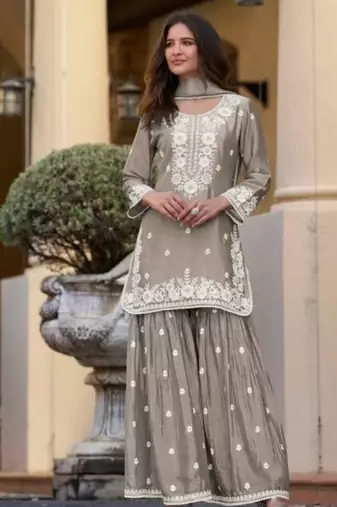 Light brown chinon silk lucknowi work full stitched gharara suits with dupatta