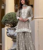 Light brown chinon silk lucknowi work full stitched gharara suits with dupatta