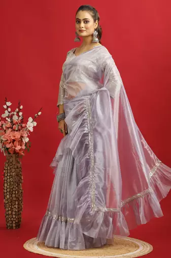 purple Embroidery Twill net saree with sequin Blouse