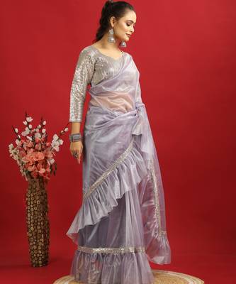 purple Embroidery Twill net saree with sequin Blouse 3