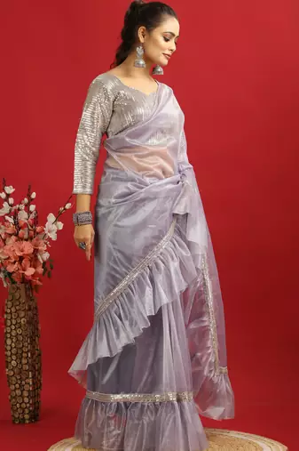 purple Embroidery Twill net saree with sequin Blouse